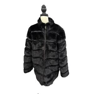 Pamela McCoy Faux Fur Puffer Jacket Black Zip Plush Winter Coat Women’s S Glam